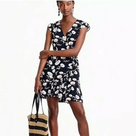 J. Crew Dresses & Skirts - J. Crew Navy Floral Faux Wrap Ruffle Hem Dress 0